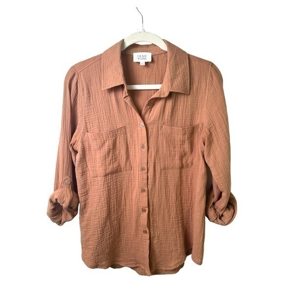 Olive And Oak Top Womens Small Roll Tab Sleeve Shirt Blouse Brown Button Down - Picture 1 of 8